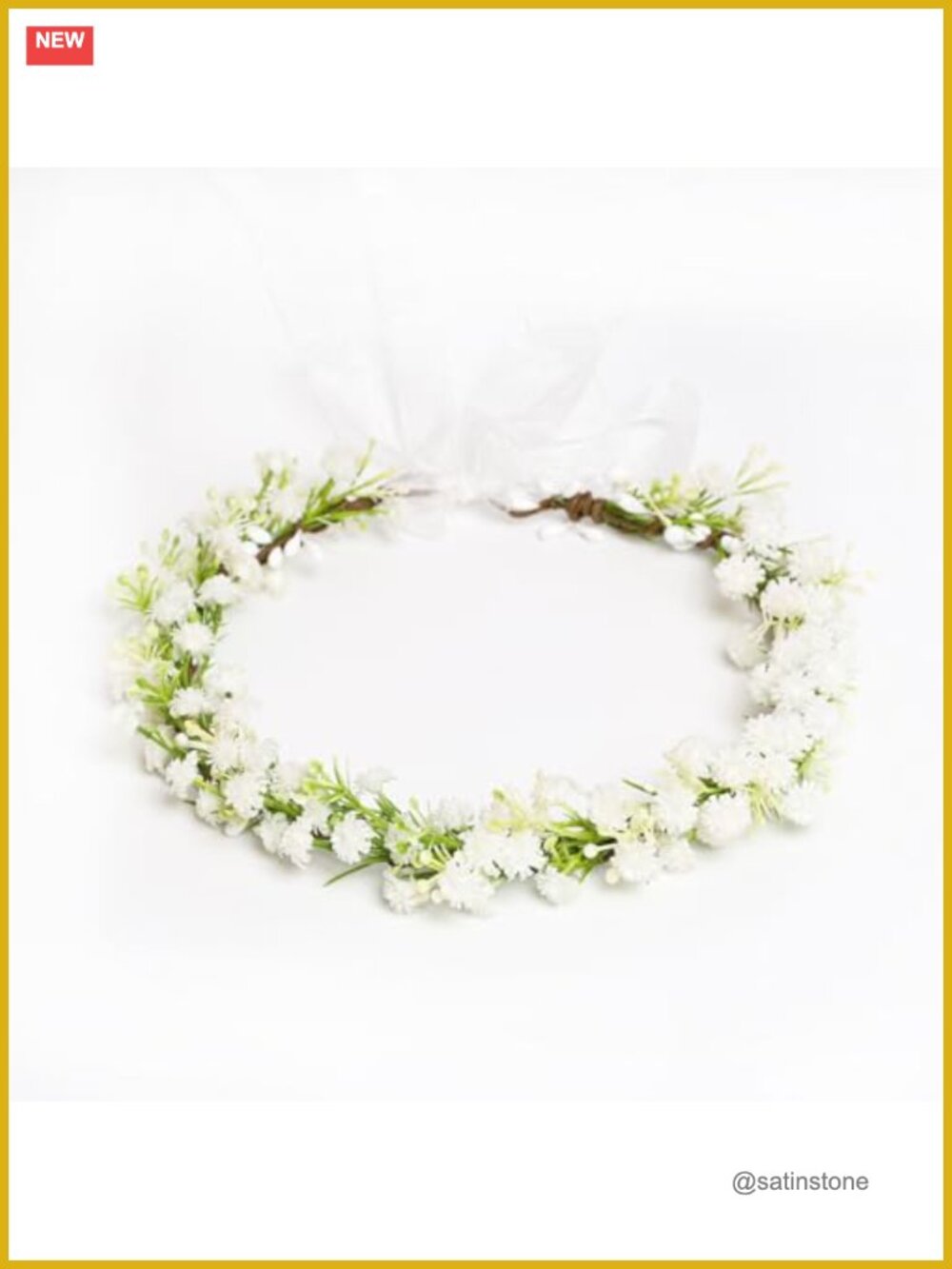 Handmade White Flower Crown Headband Floral Hair Wreath Adjustable Satin Ribbon